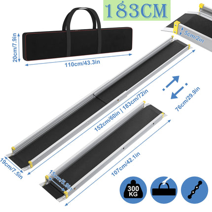 YRHome 2X teleskopiskā ratiņkrēslu rampa 107–183 cm regulējama teleskopiskā rampa ar neslīdošu un pārnēsājamu teleskopisko rampu līdz 300 kg manuāliem ratiņkrēsliem, alumīnija rampa kāpnēm un sliekšņiem