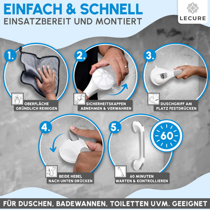 LECURE® dušas rokturis [2 daļas] Urbšana nav nepieciešama - īpaši izturīgs dušas un vannas rokturis ar piesūcekni - ideāli piemērots senioriem un cilvēkiem ar fiziskām invaliditāti [110 kg celtspēja]