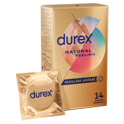 Durex Natural Feeling prezervatīvi – lateksa nesaturoši prezervatīvi, kas izgatavoti no Real Feel materiāla un ar anatomisku Easy-On formu – 14 gab. iepakojumā (1 x 14 gab.)