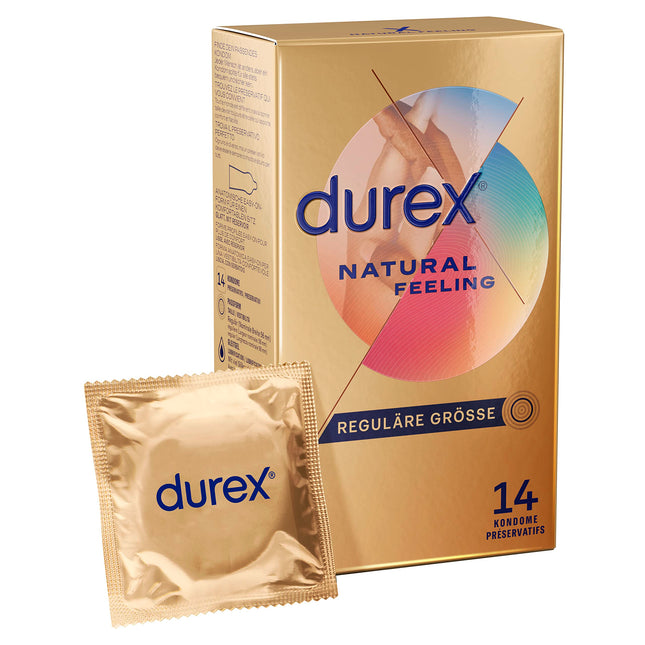 Durex Natural Feeling prezervatīvi – lateksa nesaturoši prezervatīvi, kas izgatavoti no Real Feel materiāla un ar anatomisku Easy-On formu – 14 gab. iepakojumā (1 x 14 gab.)