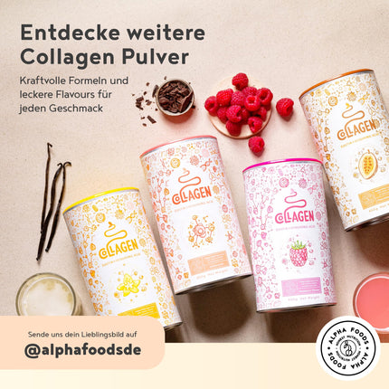 Vegānu kolagēna pulveris + hialuronskābe [400 g] | Augu izcelsmes alternatīva kolagēna hidrolizātam | ar 13 aminoskābēm un C vitamīnu no Camu | Bezgaršīgs | Ražots Vācijā | Alfa pārtikas produkti