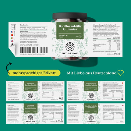 NATURE LOVE® Bacillus Subtilis gumijas konfektes - 100 gabaliņi - Gada mikrobs 2023 - no dabīgiem augļu sulu koncentrātiem - 96,5% augļu saturs - 3 miljardi CFU dienā - vegānisks, laboratoriski pārbaudīts