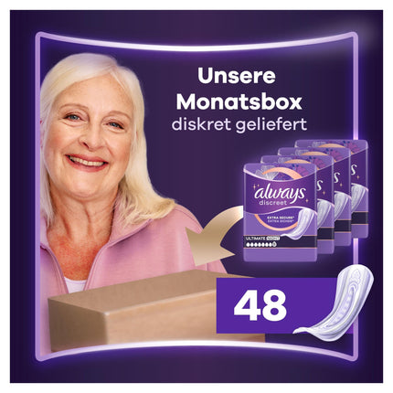 Always Discreet urīna nesaturēšanas ieliktņi, Ultimate Night mēneša iepakojums urīnpūšļa vājuma gadījumā, 48 ieliktņi (4 iepakojumi x 12)