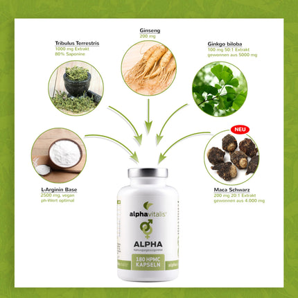 alphavitalis ALPHA Men kapsulas ilgstošai lietošanai ar cinku (normālai auglībai un reproduktīvajai sistēmai), aminoskābi L-arginīnu, Maca Black, Tribulus Terrestris, ginkgo, žeņšeņu