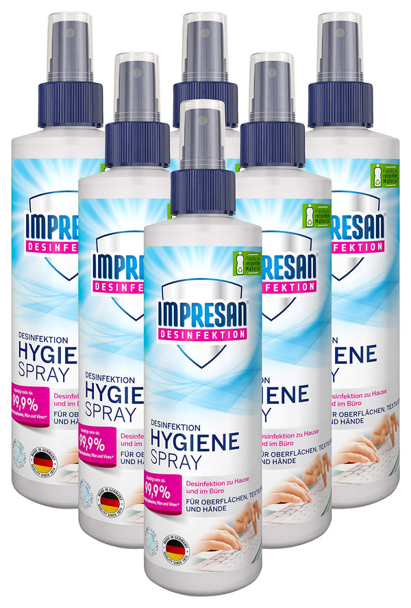 Impresan higiēnas aerosols: dezinfekcijas līdzeklis virsmām un tekstilizstrādājumiem - dezinfekcijas sūkņa aerosols - 6 x 250 ml praktiskā izdevīgā iepakojumā