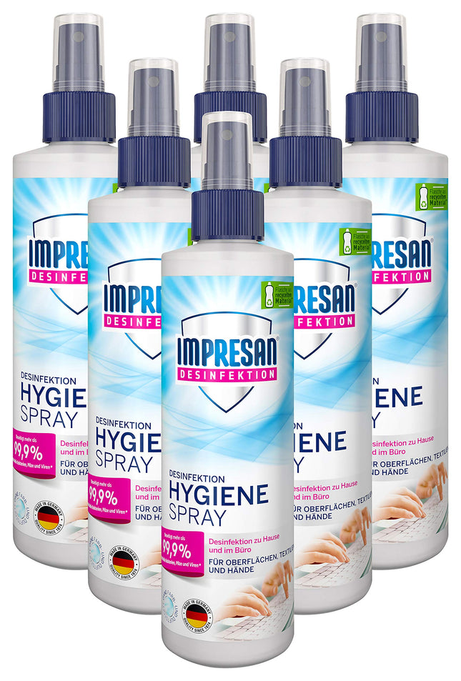 Impresan higiēnas aerosols: dezinfekcijas līdzeklis virsmām un tekstilizstrādājumiem - dezinfekcijas sūkņa aerosols - 6 x 250 ml praktiskā izdevīgā iepakojumā