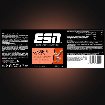 ESN kurkumas kapsulas, 60 kapsulas, 1000 mg kurkumīna vienā porcijā, no patentētā NovaSOL, 185 reizes augstāka biopieejamība, pateicoties šķidrajai formai, vegāns, ražots Vācijā