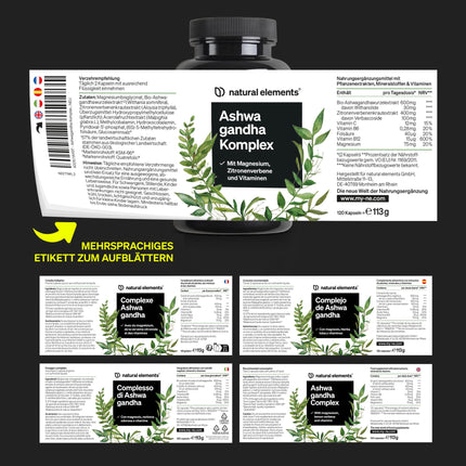 Ašvagandas komplekss – 600 mg dienā – 120 kapsulas – ar KSM-66, citronverbēnu, magniju, folskābi un C, B6 un B12 vitamīniem – augsta deva un vegānisks – ražots Vācijā un laboratorijā pārbaudīts