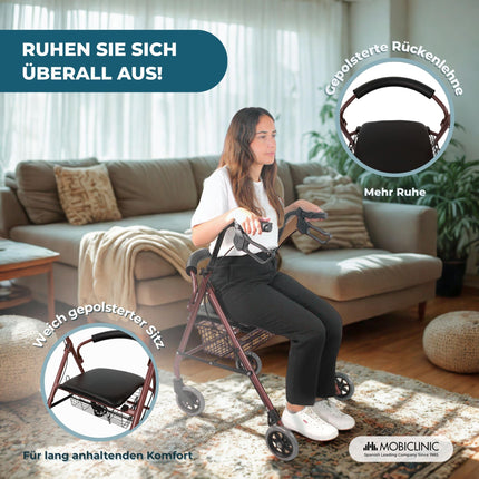 Mobiclinic®, Rollators, Escorial, Eiropas zīmols, Salokāms un viegls, Noslēdzama rokas bremze, Iešanas palīglīdzeklis, Alumīnijs, Noņemams grozs, Ar sēdekli un atzveltni, Bordo