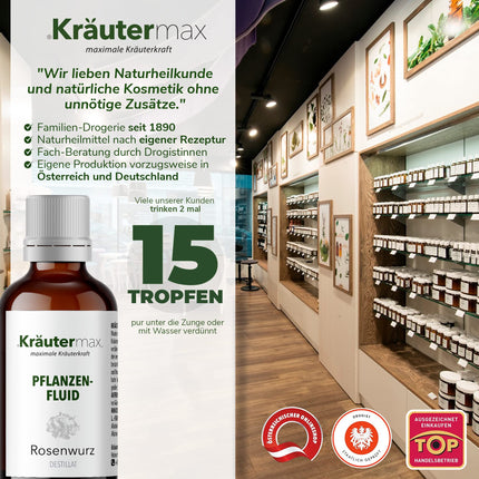 JAUNS! Kräutermax Rhodiola Rosea pilieni | Rhodiola Rosea destilāts kā ideāls papildinājums rožu sakņu kapsulām | Rhodiola Rosea augsta deva vegānisks saskaņā ar Kräutermax | Rhodiola rosea šķidrums | 1 x 50 ml