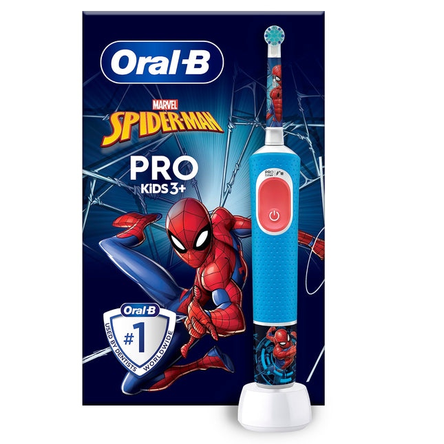 Oral-B Pro Kids Spiderman elektriskā zobu birste bērniem no 3 gadu vecuma, ieskaitot Sensitive+ režīmu zobu kopšanai, īpaši mīksti sariņi, 1 birstes galviņa, 4 uzlīmes, zila/sarkana