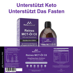 Tīra MCT eļļa C8 | stikla pudele | Ražo 4 reizes vairāk ketonu salīdzinājumā ar citām MCT eļļām | Augstākā tīrība > 99% | 100% kokosrieksts | Atbalsta keto diētu, keto kafiju un gavēni | 500 ml | Ketosource®