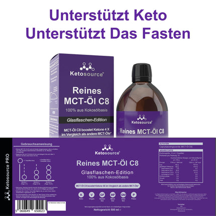 Tīra MCT eļļa C8 | stikla pudele | Ražo 4 reizes vairāk ketonu salīdzinājumā ar citām MCT eļļām | Augstākā tīrība &gt; 99% | 100% kokosrieksts | Atbalsta keto diētu, keto kafiju un gavēni | 500 ml | Ketosource®