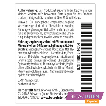Betaglutēns 60 kapsulas | piemērots cilvēkiem ar jutību pret glutēnu, kviešu alerģiju, celiakiju, zemu ogļhidrātu diētu vai FODMAP diētu