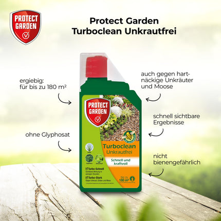 PROTECT GARDEN Turboclean bezrezerves līdzeklis, nezāļu iznīcinātājs pret spītīgām nezālēm, piemēram, mežrozīti un kosu, 1000 ml koncentrāts