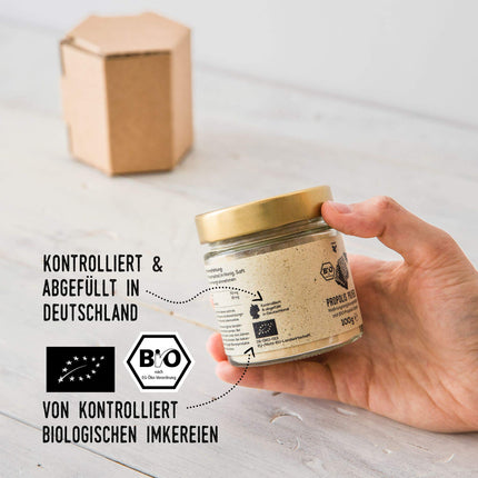 beegut ORGANISKS propolisa pulveris, lietošanai pārtikā vai savu produktu pagatavošanai, 100 g propolisa pulvera no kontrolētas bioloģiskas audzēšanas, ilgtspējīgs iepakojums