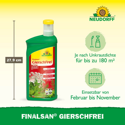 Neudorff Finalsan GierschFrei – ātras iedarbības nezāļu iznīcinātājs pret zemes plūškoku un kosu 180 m². Iedarbojas līdz pat saknei, 1 litrs