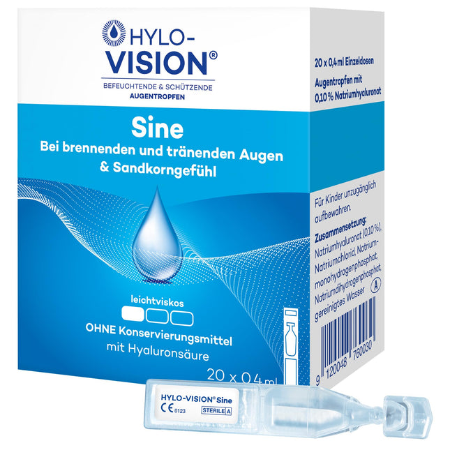 Hylo-Vision Sine acu pilieni – sausām, dedzinošām, asarojošām acīm un graušanas sajūtai, ideāli piemēroti lietošanai ceļā, nedaudz viskozi, bez konservantiem, piemēroti kontaktlēcām, 20 x 0,4 ml