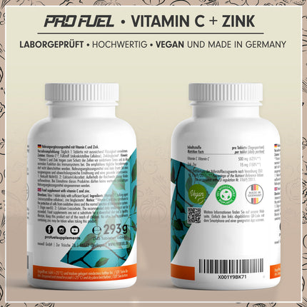 C vitamīns + cinks (365 tabletes) - optimāli augsta deva: 500 mg buferēta C vitamīna + 15 mg cinka no bioloģiski pieejamā cinka bisglicināta - imūnsistēmas un šūnu aizsardzība - laboratoriski pārbaudīts ar sertifikātu - 100% vegāns