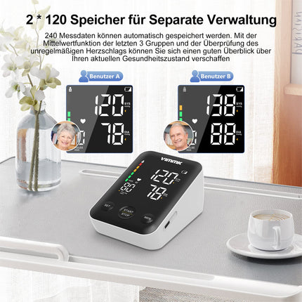 Vimmk asinsspiediena mērītājs augšdelmam, digitālais asinsspiediena mērītājs ar LED displeju, aritmijas noteikšana un pulsa mērīšana, 2x120 atmiņa, aproce 22-40cm