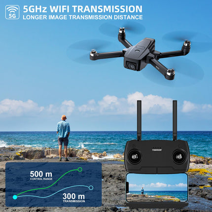 T18S GPS drons ar 4K kameru pieaugušajiem, TEEROK 5G pārraides FPV drons 500m RC kvadrokopters ar automātisku atgriešanos, sekojiet man, bezsuku motors, žestu vadība, 2 baterijas