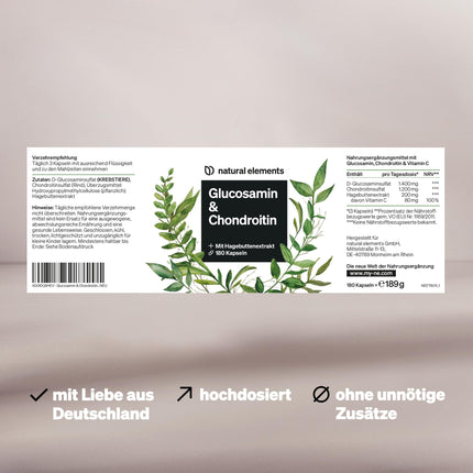 Glikozamīns un hondroitīns – 180 kapsulas – ar C vitamīnu normālai kolagēna veidošanās veicināšanai* – augsta deva, bez nevajadzīgām piedevām – ražots Vācijā un laboratorijā pārbaudīts