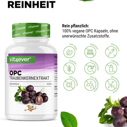 OPC vīnogu kauliņu ekstrakts - 300 kapsulas - 1000 mg ekstrakta ar 700 mg OPC - Augstākais OPC saturs saskaņā ar HPLC - Laboratorijā pārbaudīts OPC no Eiropas vīnogām - Vegāns - Augsta deva
