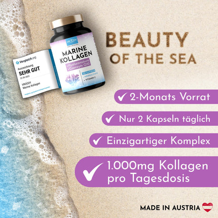 Augstākās kvalitātes jūras kolagēna kombinācija 1000 mg + Q10, hialuronskābe, varš, mangāns, C vitamīns, cinks un biotīns veicina normālas ādas un matu veselības uzturēšanu; Ražots Austrijā, uzņēmumā VROODY - testa rezultāts ĻOTI LABS!