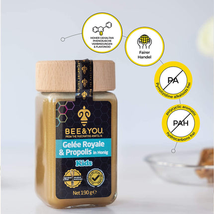 Bee&amp;You peru pieniņš un propoliss medū bērniem, 100% dabīgs, bez piedevām, neapstrādāts medus, godīgas tirdzniecības, dabīgas un kontrolētas sastāvdaļas, 33 balvas, 12 sertifikāti