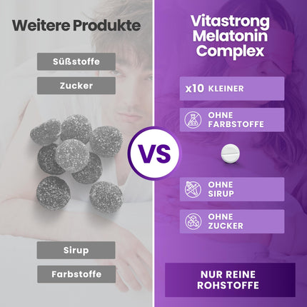 Melatonīna Vitastrong komplekss, 365 mikrotabletes, augsta deva ar kumelītēm, baldriānu, lavandu un B6 vitamīnu, melatonīna tabletes miega kvalitātei un laika joslu maiņas mazināšanai, bez cukura, glutēna un ĢMO