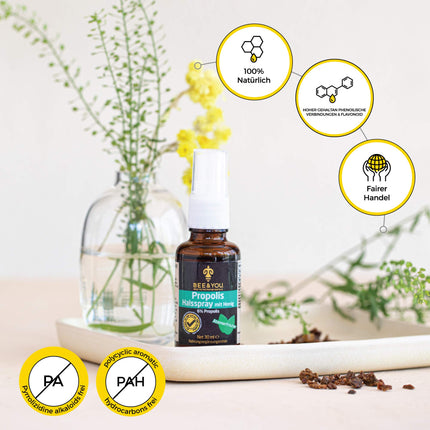 Bee&amp;You propolisa kakla aerosols ar medu (6%) 30 ml (nomierinošs maisījums, godīgas tirdzniecības, dabīgas un kontrolētas sastāvdaļas)