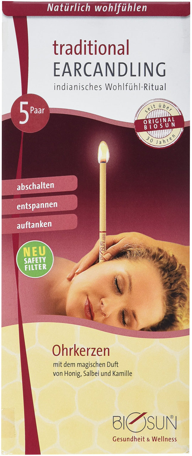 10 gab. (5 pāri) oriģinālās BIOSUN tradicionālās ausu sveces/ausu sveces ar drošības filtru. Ar maģisku medus, salvijas un kumelīšu aromātu