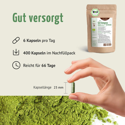 Miežu zāles kapsulu bioloģiskās uzpildes iepakojums 400 gab. | 3000 mg dienā | smalki samalta miežu zāle kapsulu formātā | no kontrolētas bioloģiskās lauksaimniecības | bez piedevām | no Ahterhofas