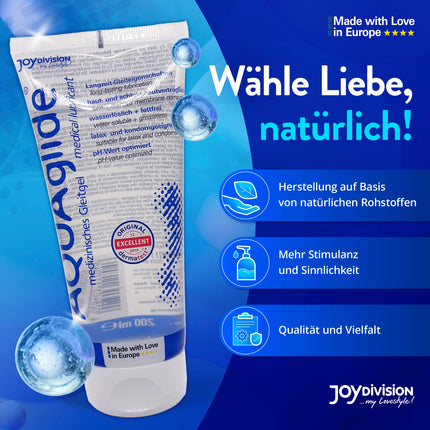 Joydivision Original AQUAglide 200 ml dabīgs lubrikants, kristāldzidrs un vegānisks lubrikants, pH optimizēts un saderīgs ar lateksa prezervatīviem