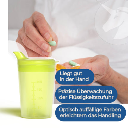 Horn Medical 5 pieaugušo dzeršanas palīglīdzekļu iepakojums, 250 ml dzeršanas krūzītes, PLUS 5 vāciņi šķidrumiem un 5 vāciņi putrai/sēnēm - krāsas izvēle (krāsaini)