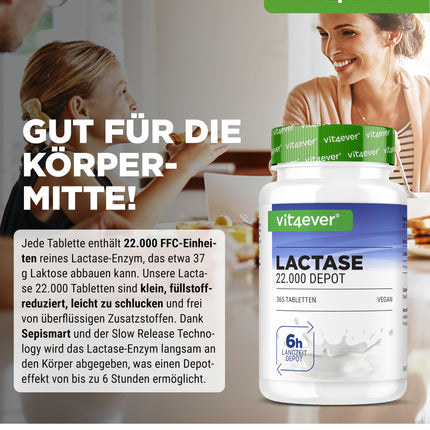 Lactase 22,000 Depot - 365 tabletes ar depo efektu (Sepismart® Slow Release) - Augsta deva ar 22 000 FCC vienībām - Laktozes un piena nepanesības gadījumā - Bez nevēlamām piedevām