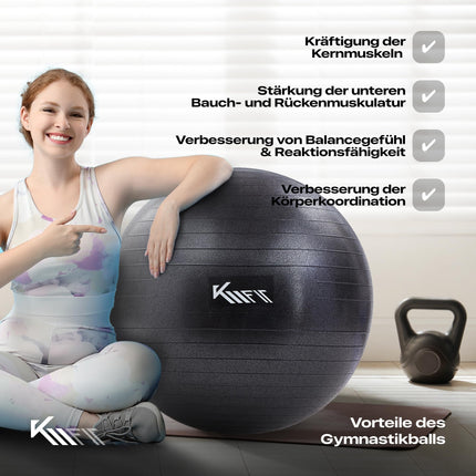 KM-Fit vingrošanas bumba 75 cm | Treniņu bumba ar gaisa pumpi | Biroja pretplīsuma bumba | Bumba fitnesam, jogai, vingrošanai, korsetes treniņiem | Pezziball jogas bumba bez BPA | Melns