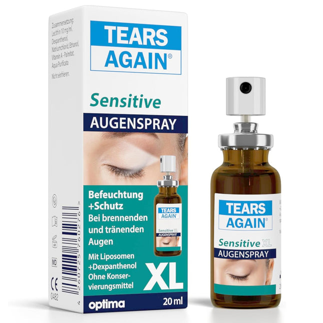 TEARS AGAIN Sensitive XL 20 ml acu aerosols sausām acīm - piemērots kontaktlēcām, palīdz pret dedzinošu un asarojošu acu sajūtu, bez konservantiem