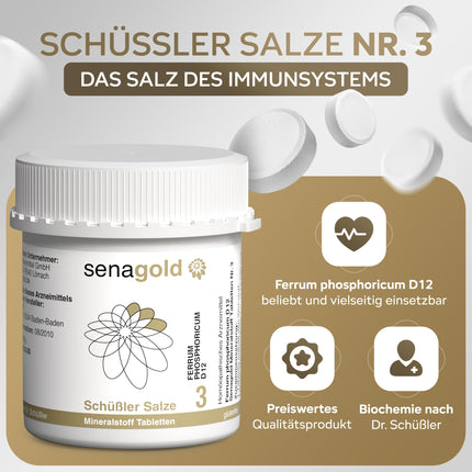Senagold Schuessler sāls Nr. 3 — Ferrum phosphoricum D12 tabletes — bez lipekļa (400 tabletes)