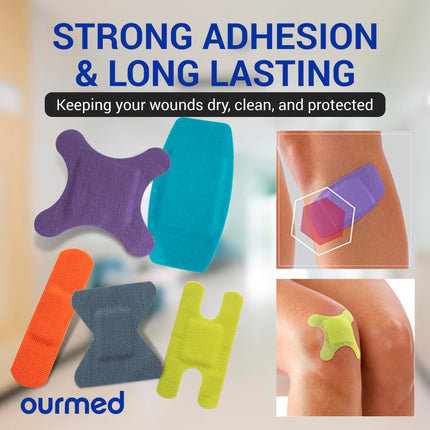 Ourmed universālie ģipša brūču plāksteri - elastīgi auduma pārsēji un nelīpoši pārsēji, bez lateksa, griezumiem, nobrāzumiem, tulznām, dažādi izmēri, spilgtas krāsas, 100 strēmelītes