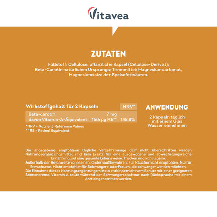 Beta karotīna kapsulas ar augstu devu un vegānas – A vitamīna priekštecis – Starojošs un ilgstošs iedegums – Karotīna kapsulas ar augstu devu iedegumam – 100% dabīgas – Bez piedevām – 180 kapsulas – Vitavea