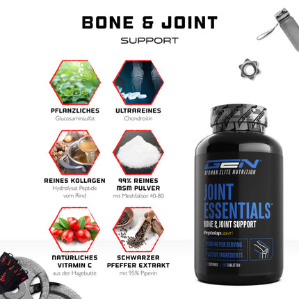 Joint Essentials - 180 tabletes - augsta deva ar 5100 mg dienā - glikozamīns + hondroitīns + MSM + hialuronskābe + kolagēns + C vitamīns + melno piparu ekstrakts - locītavu uztura bagātinātājs