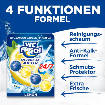 WC Fresh Power Active Fragrance Rinse Lemon (10 iepakojumi), tualetes tīrīšanas līdzeklis nodrošina tīrību ar katru skalošanu, smaržakmeņi ilgstošai svaigai tualetes smaržai