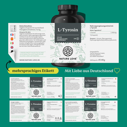 Nature Love L-tirozīns 240 vegāniskās kapsulas - 1000 mg dienā - 4 mēnešu krājumi - no fermentācijas, laboratorijā pārbaudīts un ražots Vācijā - bez nevēlamām piedevām