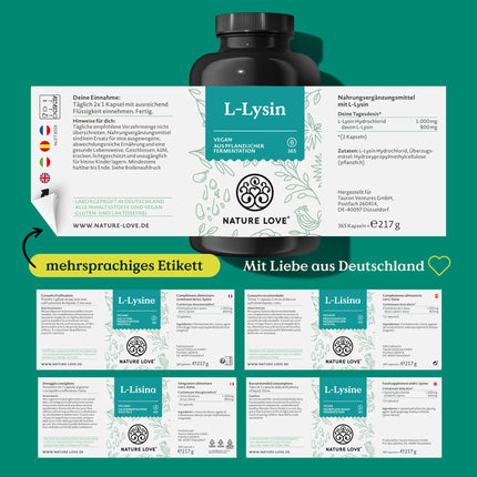 NATURE LOVE® L-lizīns - 365 vegānas kapsulas - 1000 mg L-lizīna HCl vienā dienas devā - Lizīns no augu fermentācijas - 6 mēnešu krājumi - Laboratorijā pārbaudīts, bez piedevām un ražots Vācijā