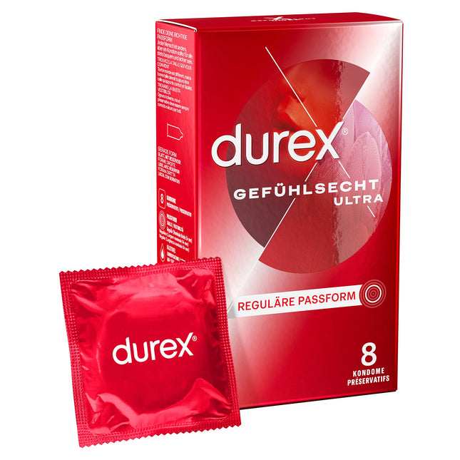 Durex Real Feel Ultra prezervatīvi – īpaši plāni galiņi un lubrikēti ar silikona gēlu – 8 gab. iepakojumā (1 x 8 gab.)