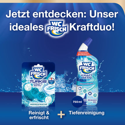 WC-Fresh Power Active Turquoise Rinse Sea Fresh (10 iepakojumi), tualetes tīrīšanas līdzeklis redzamai tīrīšanai ar tirkīza ūdeni, smaržakmeņi intensīvam tualetes aromātam
