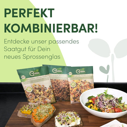 Green SEEDS® [Oriģinālais dīgšanas burku komplekts (2 gab.) + kressalātu siets + 3 x sēklu komplekts ar augstas kvalitātes nerūsējošā tērauda vāku, statīvu, keramikas bļodu + dīgšanas ABC [Drukātas versijas] Dīgšanas burku kultivēšanas komplekts