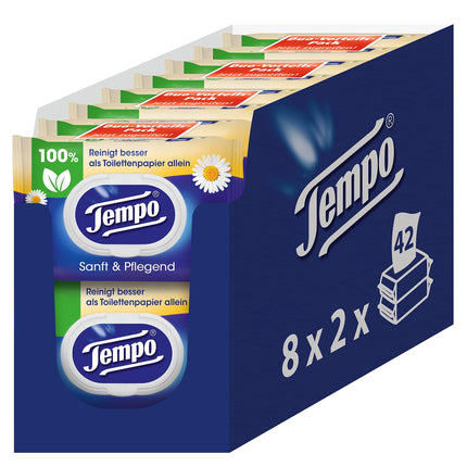 Tempo mitrās tualetes salvetes "Maigas un saudzīgas" - Megapack - 16 iepakojumi pa 42 salvetēm katrā - Duo iepakojumi - ar dabīgām kumelītēm - Tualetes papīrs, dermatoloģiski pārbaudīts un pH neitrāls ādai