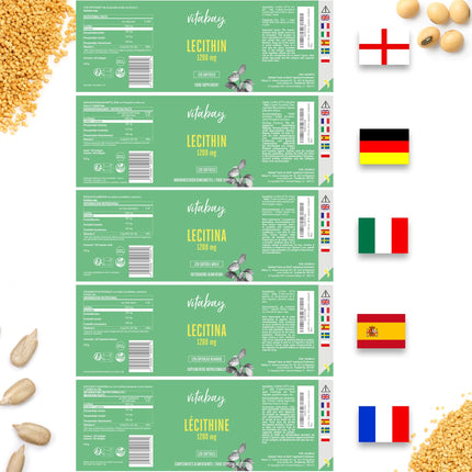 Vitabay Lecitīns 1200 mg | 120 vegānas sojas lecitīna mīkstās želejas | Sojas lecitīns ar fosfatidilholīnu | Pilnībā bioloģisks un bez ĢMO | Vitamīni zīdīšanas laikā ar E vitamīnu | L. Pulvera alternatīva